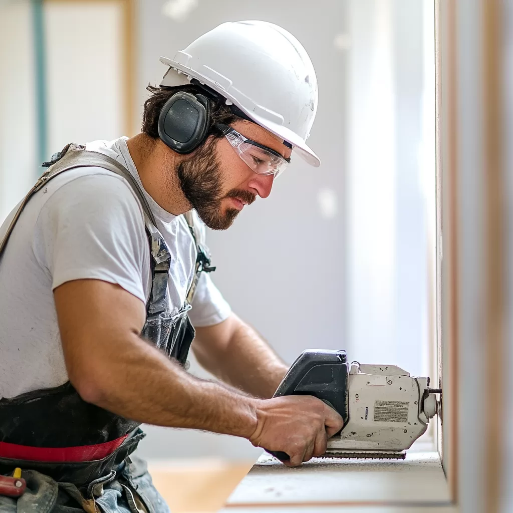 Carpenter wearing a white hard hat, safety goggles, and earmuffs, using a power tool to cut material indoors with focused precision