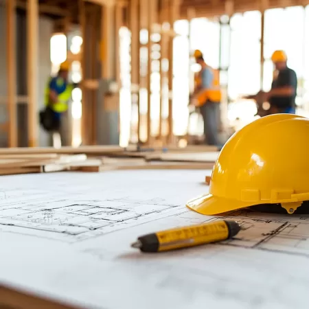 Yellow hard hat resting on architectural blueprints with a marker nearby, set on a construction site with wooden framing and blurred workers in the background