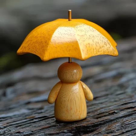 A small wooden figurine with a round head and simple arms, holding a yellow wooden umbrella. The figurine has a natural wood grain texture and is placed on a weathered wooden surface with a blurred natural background.