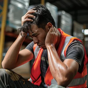 A worker sitting on the floor in a workplace, holding their head with both hands. The worker appears to be in pain or distress.